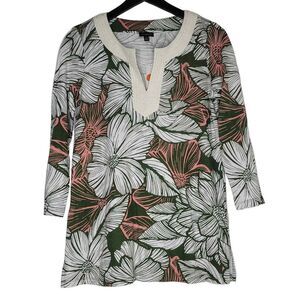 Talbots Tunic Top Tropical Floral Pink Green Pima Cotton Modal‎ Summer Resort XS